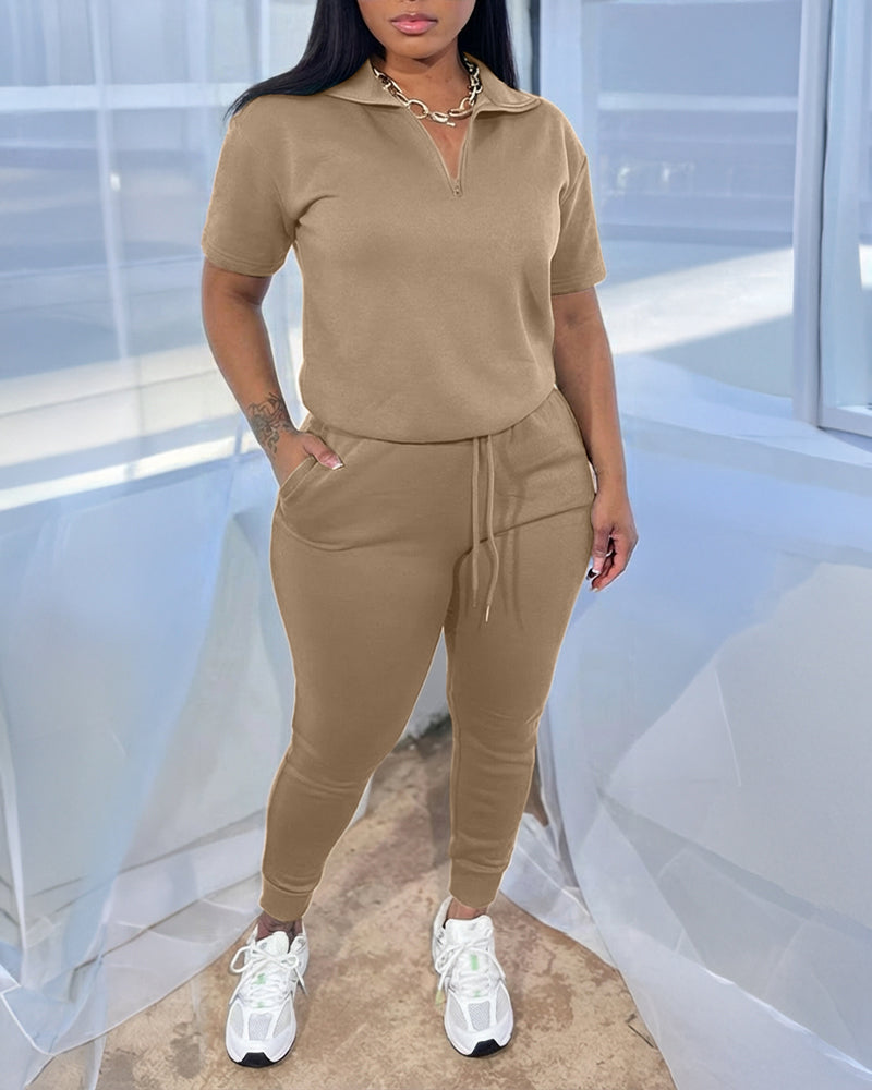 Women's 2-Piece Sporty Set Short Sleeve Half Zip Top and High Waisted Joggers Casual Lounge Outfit with Pockets