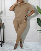 Women's 2-Piece Sporty Set Short Sleeve Half Zip Top and High Waisted Joggers Casual Lounge Outfit with Pockets