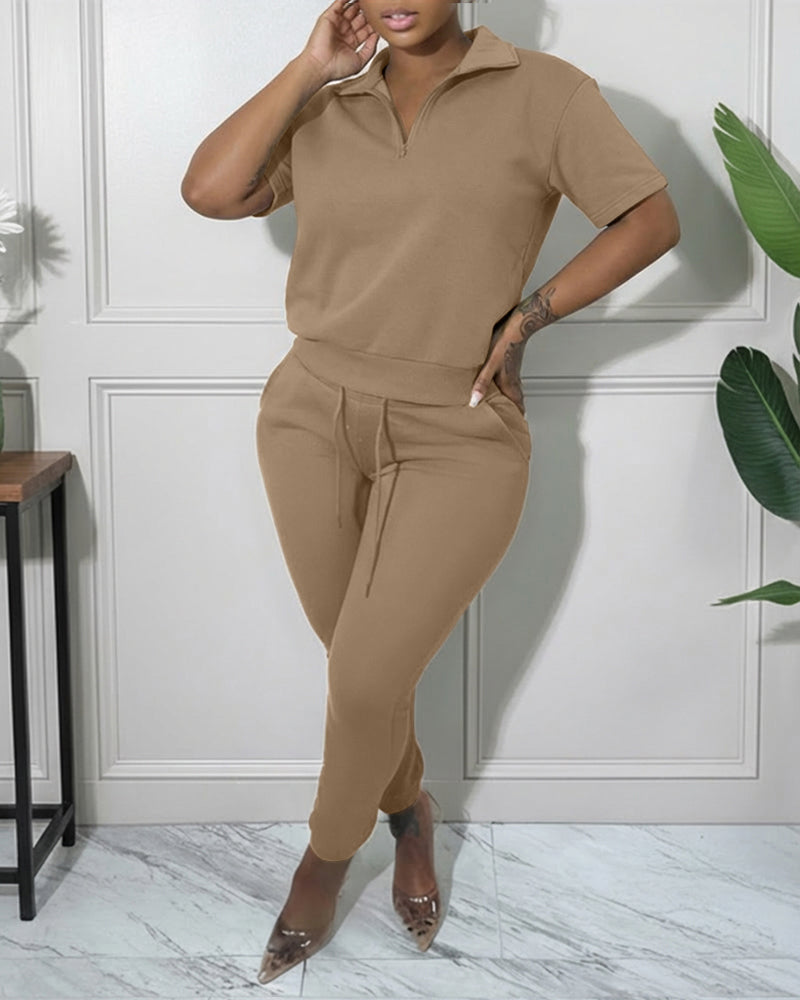 Women's 2-Piece Sporty Set Short Sleeve Half Zip Top and High Waisted Joggers Casual Lounge Outfit with Pockets