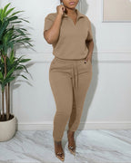 Women's 2-Piece Sporty Set Short Sleeve Half Zip Top and High Waisted Joggers Casual Lounge Outfit with Pockets