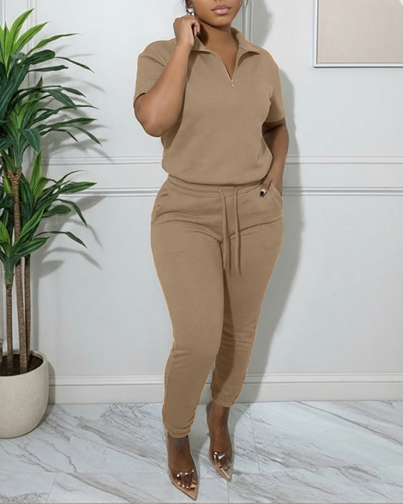 Women's 2-Piece Sporty Set Short Sleeve Half Zip Top and High Waisted Joggers Casual Lounge Outfit with Pockets