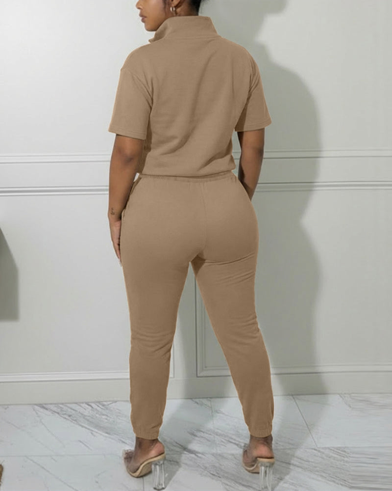 Women's 2-Piece Sporty Set Short Sleeve Half Zip Top and High Waisted Joggers Casual Lounge Outfit with Pockets
