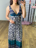 Kaggie Navy Abstract Print Grecian Maxi Dress