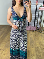 Kaggie Navy Abstract Print Grecian Maxi Dress