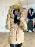 Katalina Beige Faux Fur Tie Waist Hooded Coat