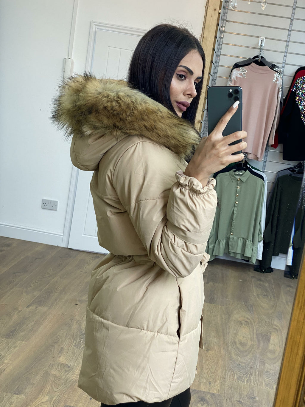 Katalina Beige Faux Fur Tie Waist Hooded Coat