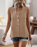Women's Knit Tank Top Starfish Shell Gold Button Sleeveless Vest Beach Vacation Casual Top