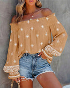 Vintage Tribal Placement Print Shirred Off Shoulder Flared Cuffs Blouse Casual Frill Trim Boho Top