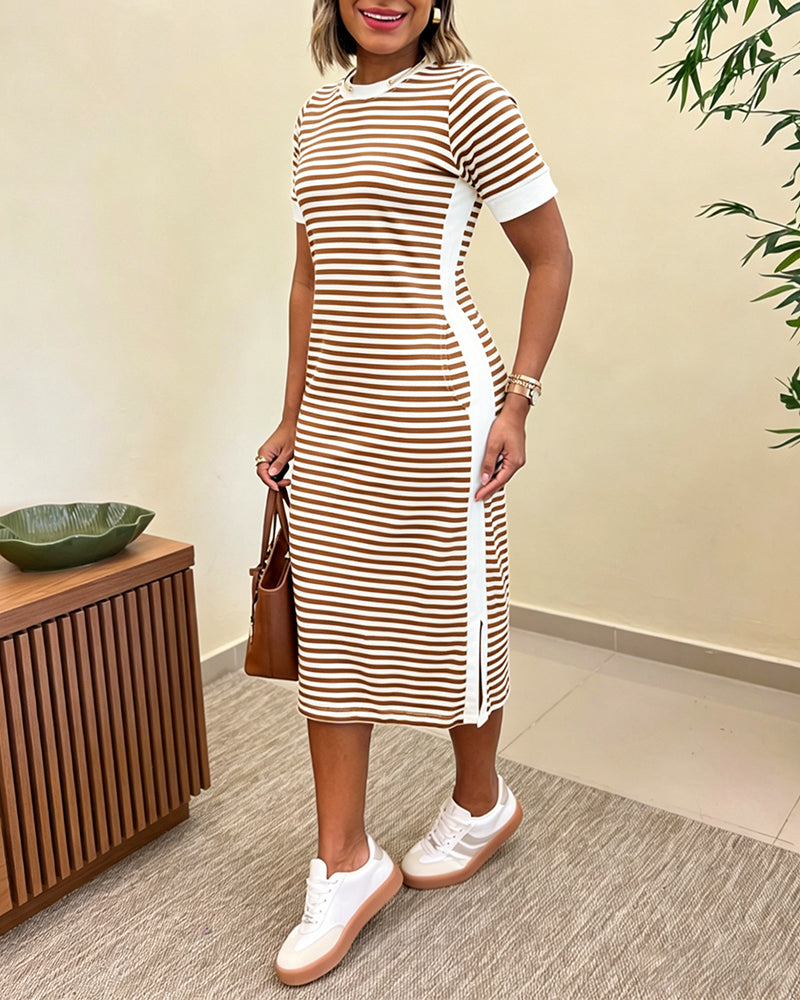 Women's Striped Colorblock Midi T-Shirt Dress Casual Crew Neck Waist-Cinching Slit Dress with Pockets