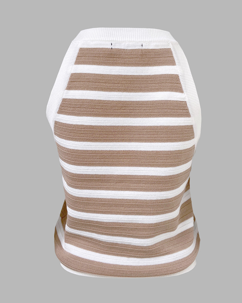 Striped Halter Sleeveless Tank Causal Golden Button Decor Breathable Knit Top