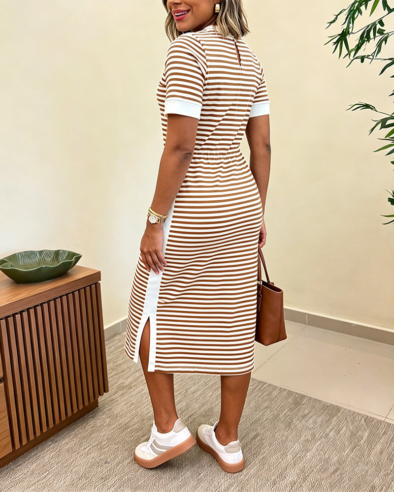 Women's Striped Colorblock Midi T-Shirt Dress Casual Crew Neck Waist-Cinching Slit Dress with Pockets