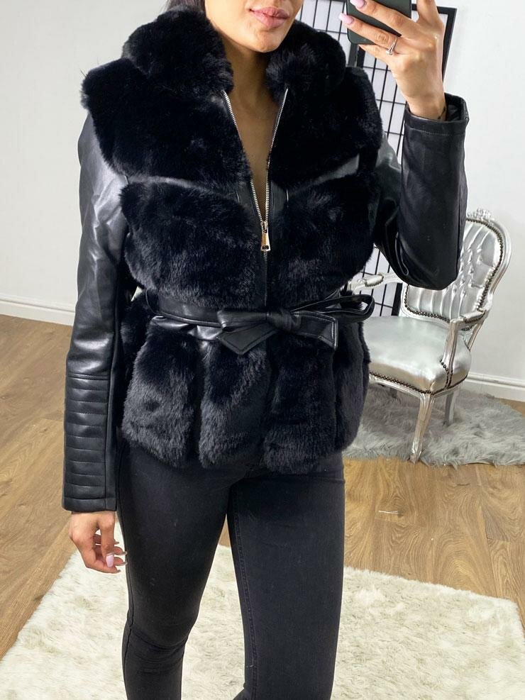 Kynlee Black Faux Fur Panelled Black Faux Leather Belted  Jacket