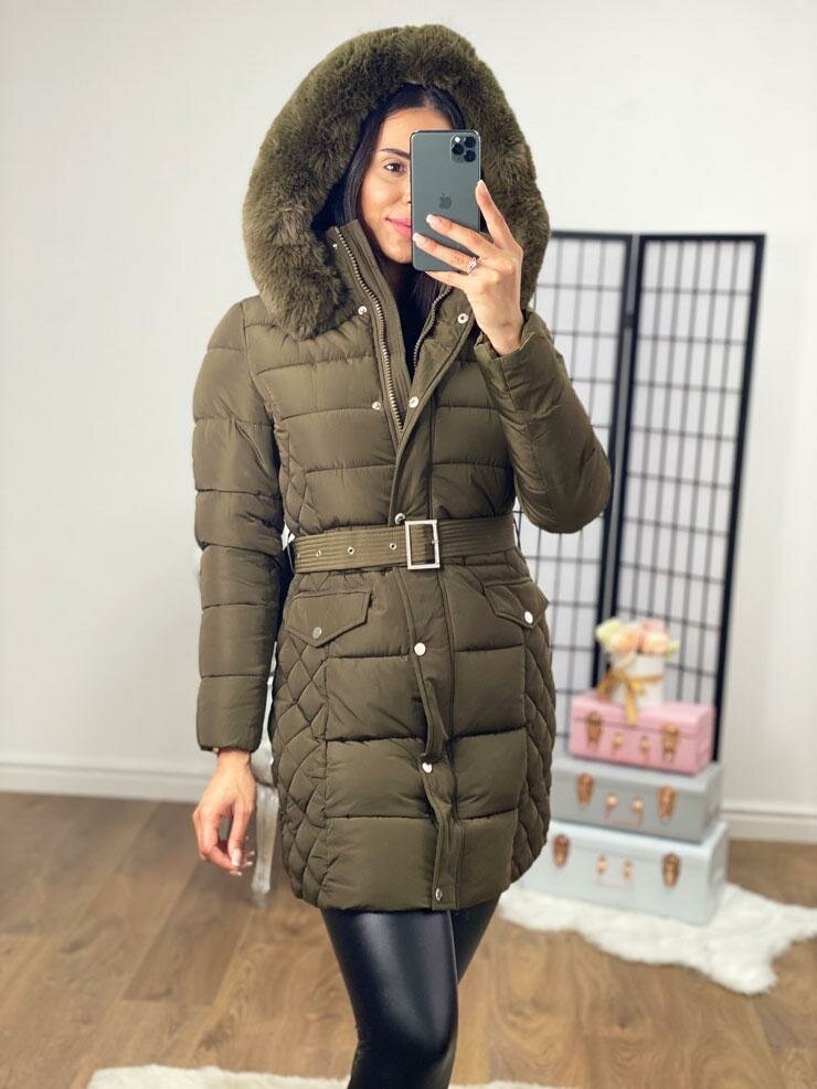 Larsa Khaki Faux Fur Hooded Coat