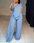Women's Striped 2 Piece Outfits V Neck Short Sleeve Drawstring Top and Wide Leg Pants Set with Pockets