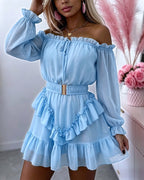 Women's Off Shoulder Frill Trim Mini A Line Dress Flowy Chiffon Ruffle Hem Party Dress with Belt & Built-In Shorts