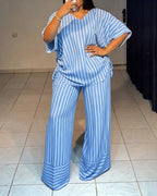 Women's Striped 2 Piece Outfits V Neck Short Sleeve Drawstring Top and Wide Leg Pants Set with Pockets