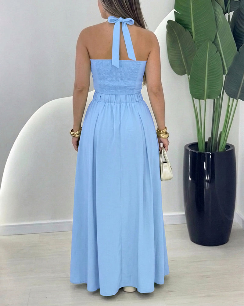 Women's Halter Two Piece Maxi Skirt Set Cross Tied Crop Top and High Waist Button Up Front Slit Skirt Suit