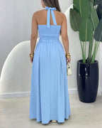 Women's Halter Two Piece Maxi Skirt Set Cross Tied Crop Top and High Waist Button Up Front Slit Skirt Suit