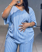 Women's Striped 2 Piece Outfits V Neck Short Sleeve Drawstring Top and Wide Leg Pants Set with Pockets