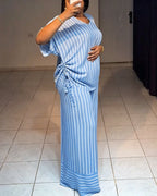 Women's Striped 2 Piece Outfits V Neck Short Sleeve Drawstring Top and Wide Leg Pants Set with Pockets