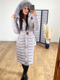 Lennon Light Grey Faux Faur Hood Belted Maxi Puffer Coat