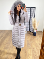 Lennon Light Grey Faux Faur Hood Belted Maxi Puffer Coat
