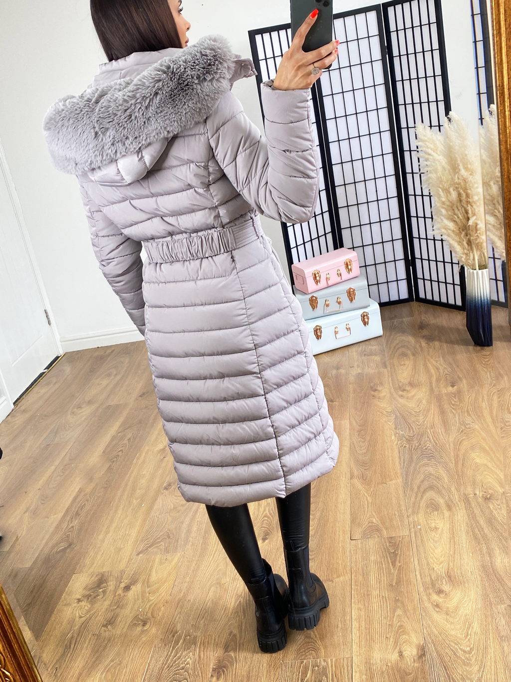 Lennon Light Grey Faux Faur Hood Belted Maxi Puffer Coat