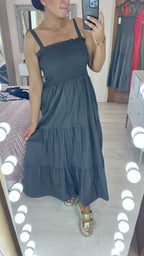 Leonardo Plain Shirred Tiered Hem Maxi Dress
