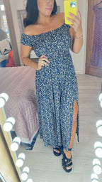Leonn Navy Floral Bardot Split Maxi Dress