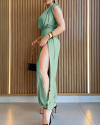 Padded Shoulders Sleeveless Cinched Waist Side High Slit Overalls Casual Hollow-out Back Ruched Jumpsuit
