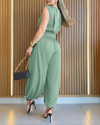 Padded Shoulders Sleeveless Cinched Waist Side High Slit Overalls Casual Hollow-out Back Ruched Jumpsuit