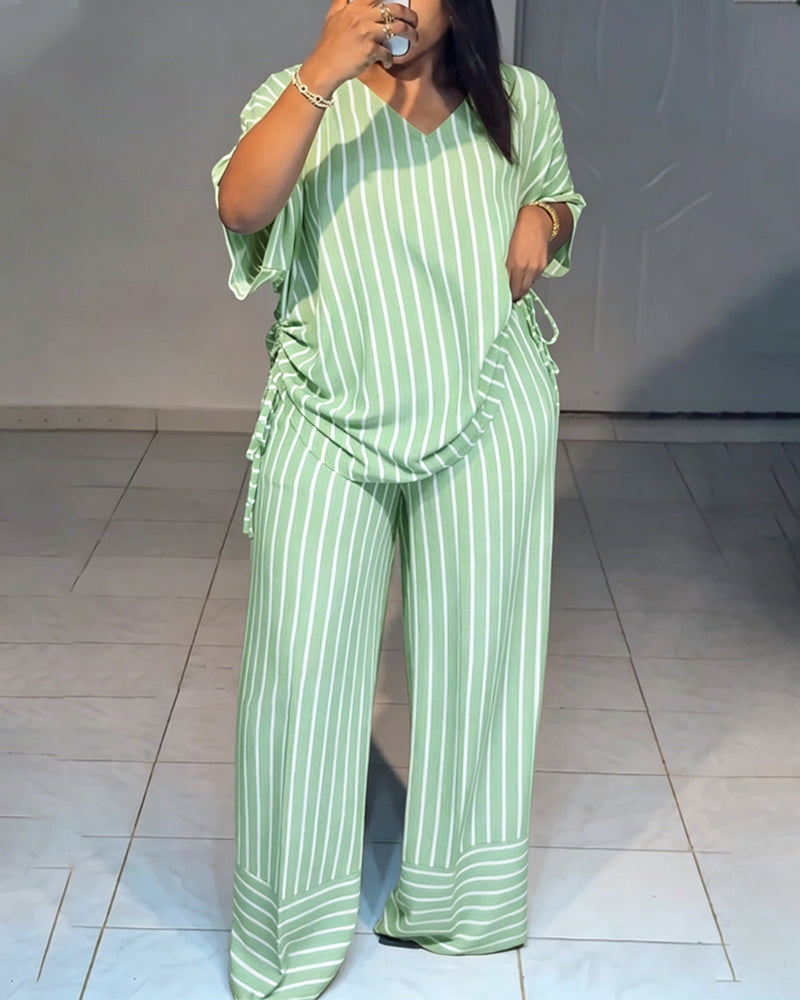 Women's Striped 2 Piece Outfits V Neck Short Sleeve Drawstring Top and Wide Leg Pants Set with Pockets