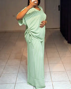 Women's Striped 2 Piece Outfits V Neck Short Sleeve Drawstring Top and Wide Leg Pants Set with Pockets