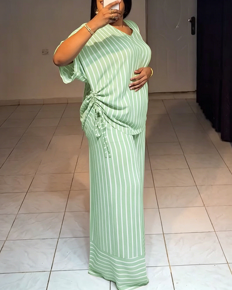 Women's Striped 2 Piece Outfits V Neck Short Sleeve Drawstring Top and Wide Leg Pants Set with Pockets