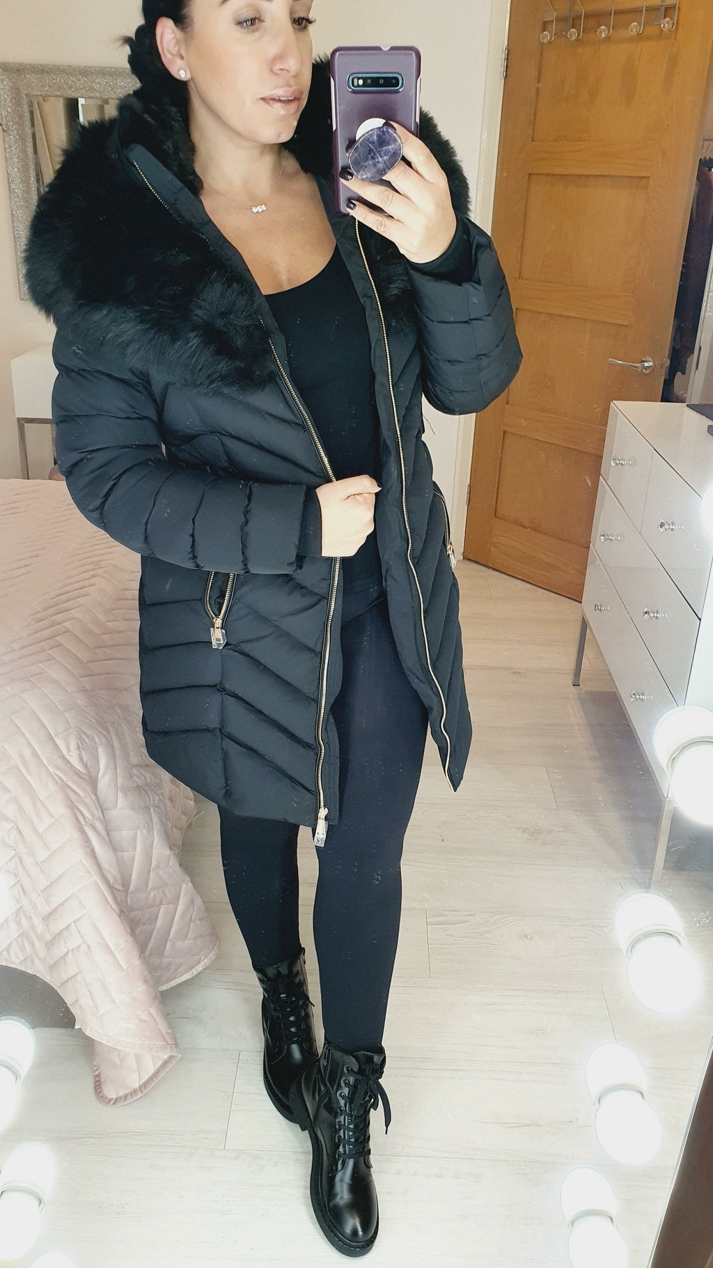 Lorna Black Faux Fur Hooded Belt Coat