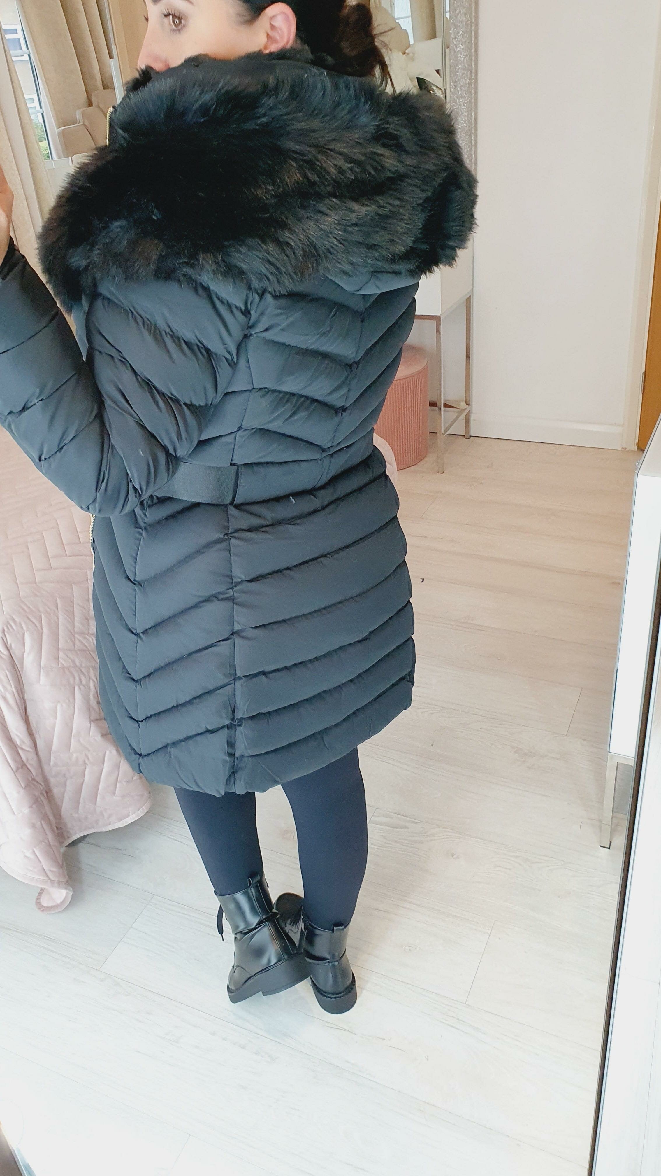 Lorna Black Faux Fur Hooded Belt Coat