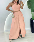 Women's Halter Two Piece Maxi Skirt Set Cross Tied Crop Top and High Waist Button Up Front Slit Skirt Suit