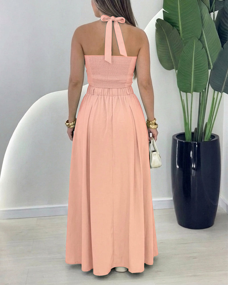 Women's Halter Two Piece Maxi Skirt Set Cross Tied Crop Top and High Waist Button Up Front Slit Skirt Suit