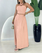 Women's Halter Two Piece Maxi Skirt Set Cross Tied Crop Top and High Waist Button Up Front Slit Skirt Suit