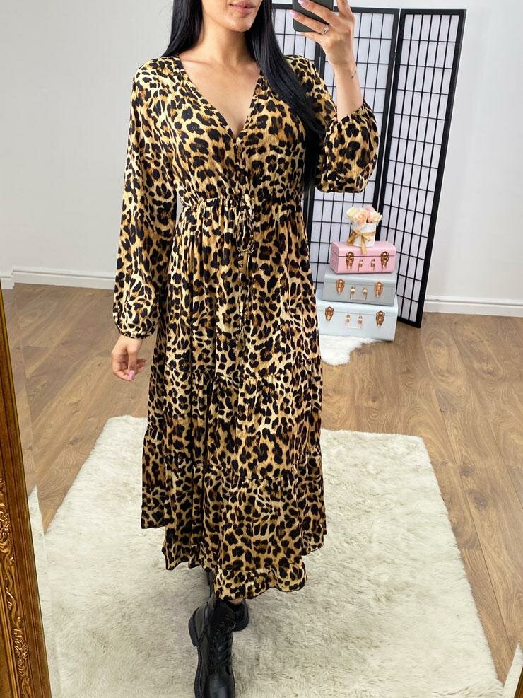 Marlin Camel Leopard Printed Tie Waist Tiered Maxi Dress