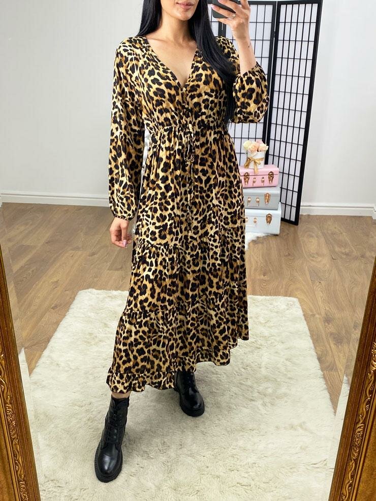 Marlin Camel Leopard Printed Tie Waist Tiered Maxi Dress