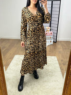 Marlin Camel Leopard Printed Tie Waist Tiered Maxi Dress
