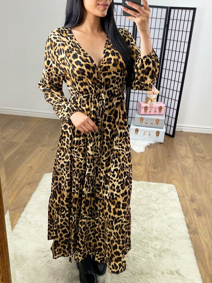 Marlin Camel Leopard Printed Tie Waist Tiered Maxi Dress