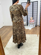 Marlin Camel Leopard Printed Tie Waist Tiered Maxi Dress