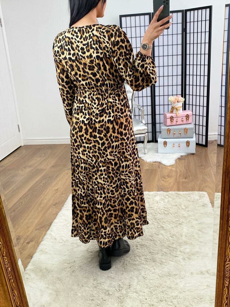 Marlin Camel Leopard Printed Tie Waist Tiered Maxi Dress