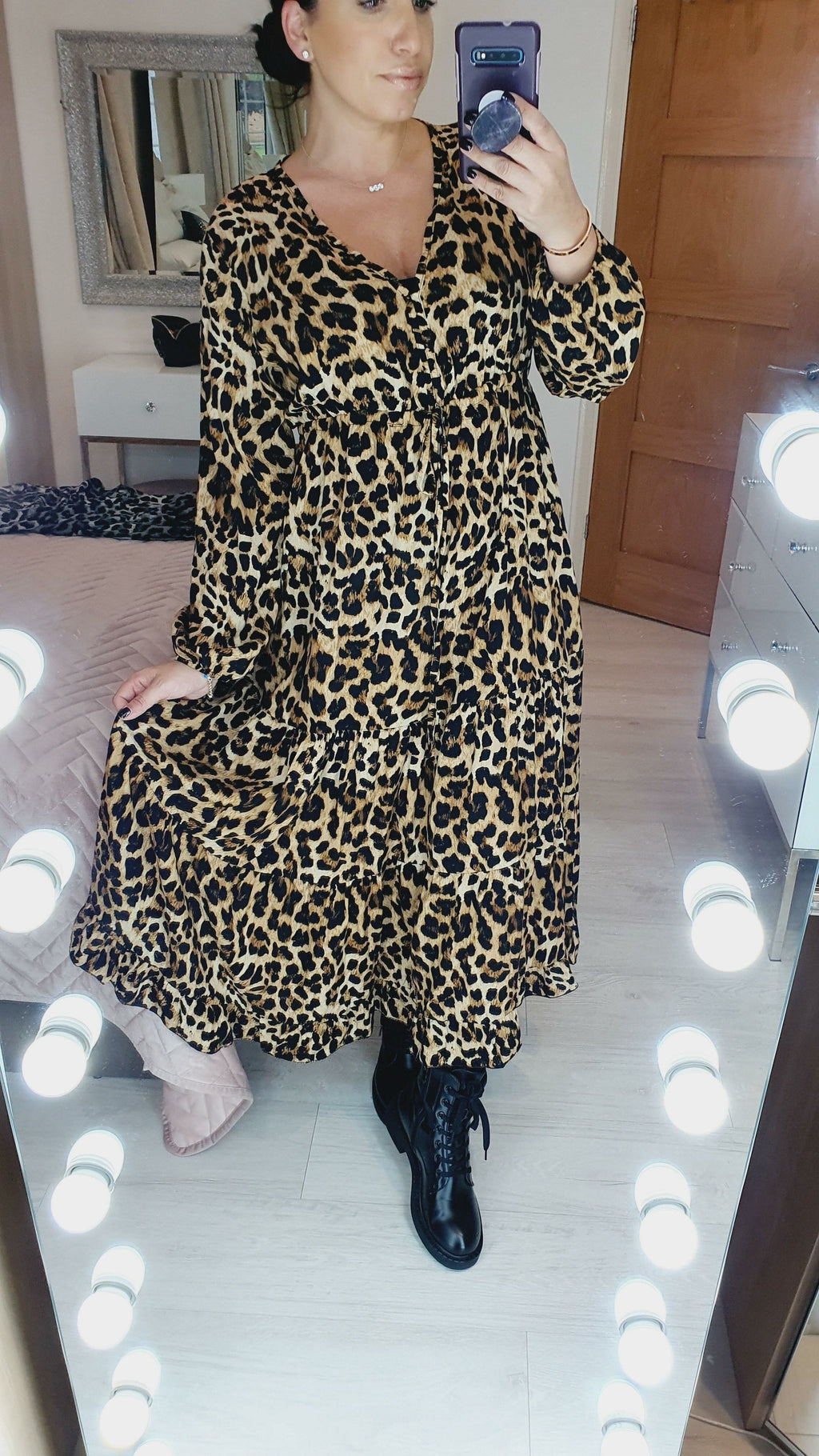 Marlin Camel Leopard Printed Tie Waist Tiered Maxi Dress