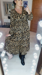Marlin Camel Leopard Printed Tie Waist Tiered Maxi Dress