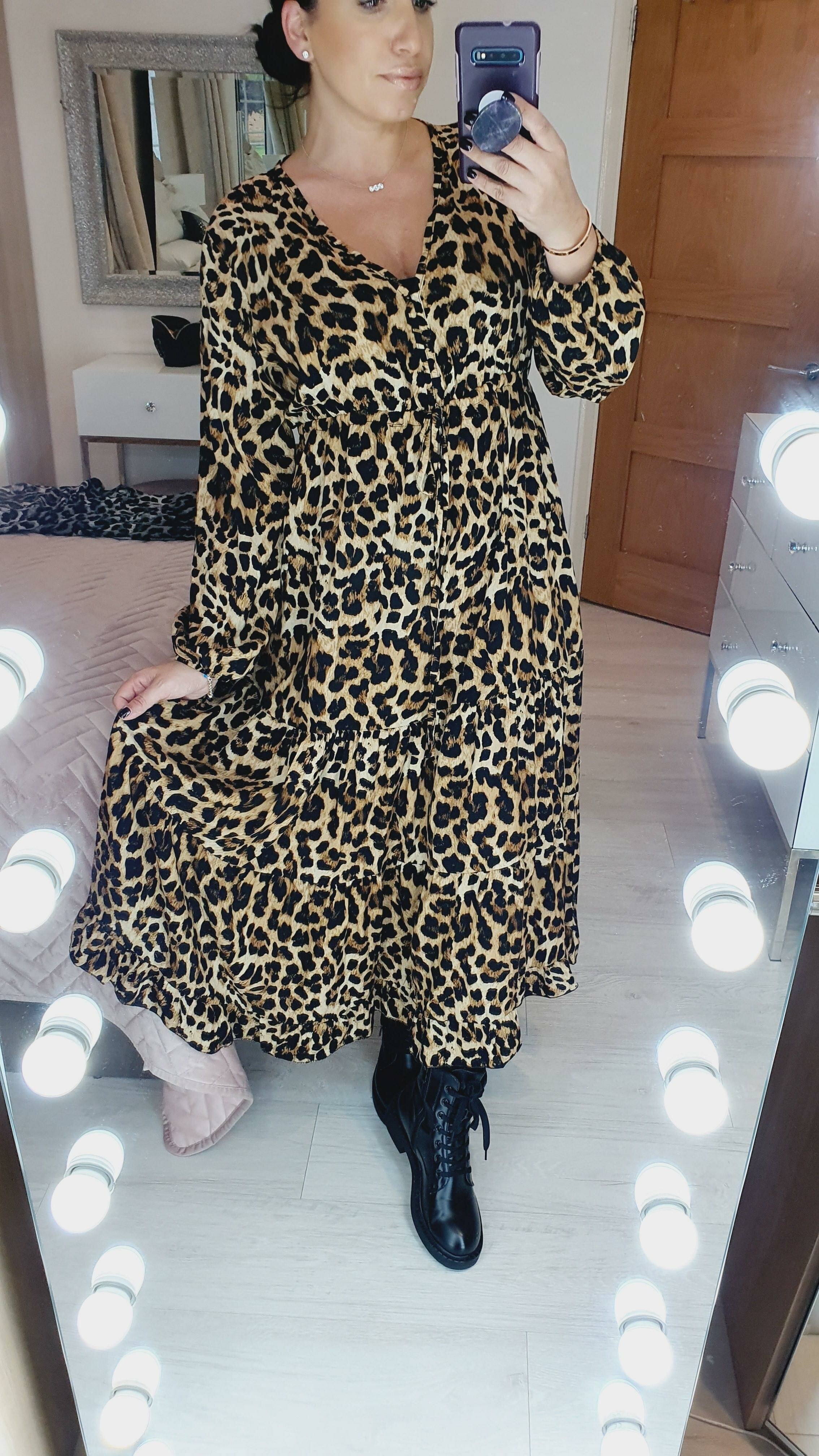 Marlin Camel Leopard Printed Tie Waist Tiered Maxi Dress