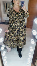 Marlin Camel Leopard Printed Tie Waist Tiered Maxi Dress