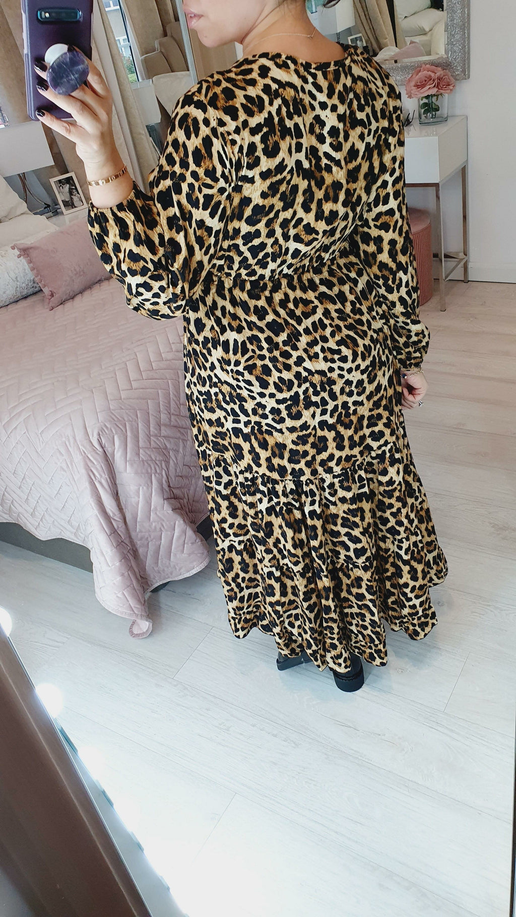 Marlin Camel Leopard Printed Tie Waist Tiered Maxi Dress
